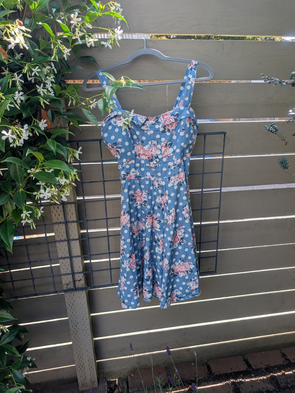 Papillon Blanc Blue Polka Dot Dress with Pink Floral Print